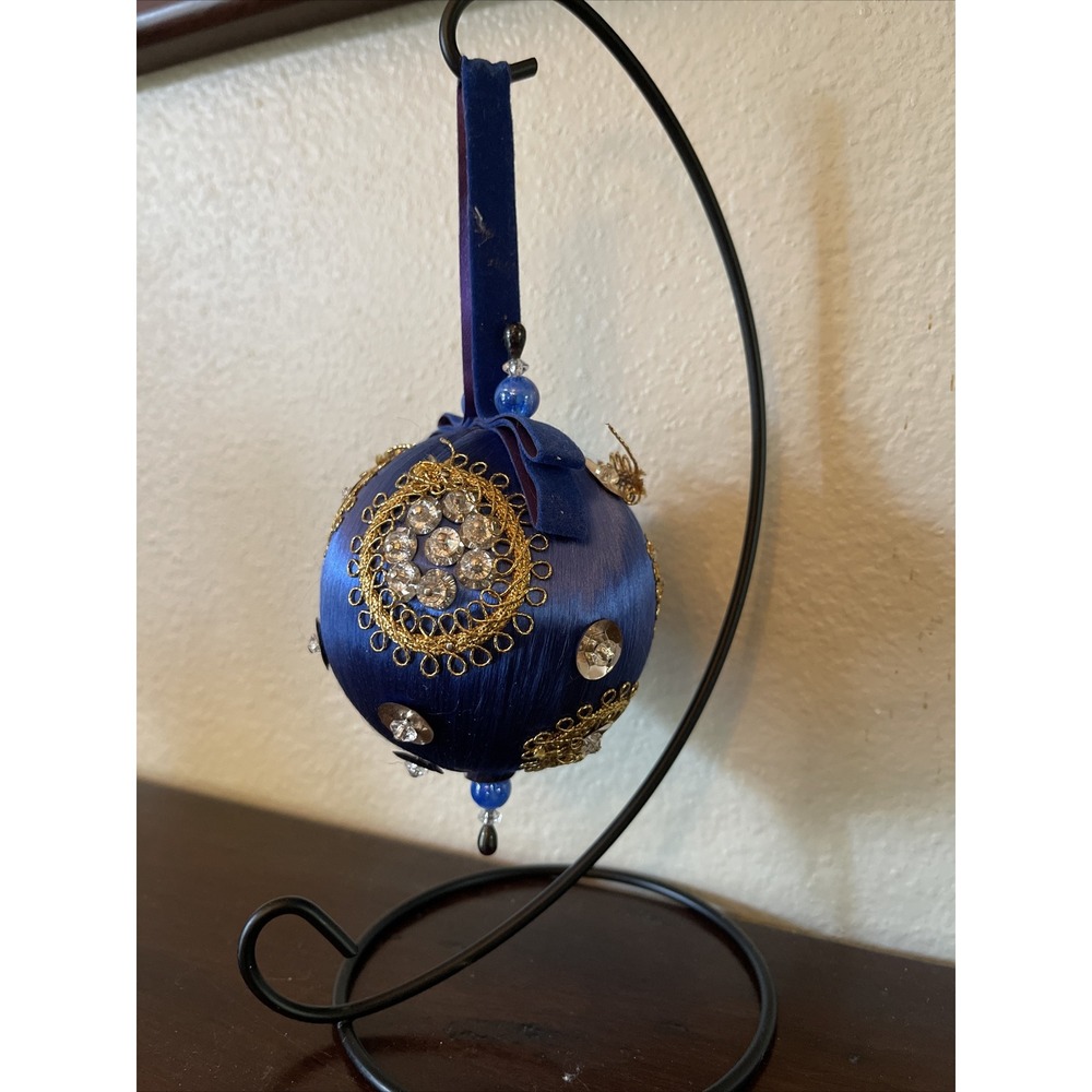 Vintage Bead Sequin Push Pin Christmas Tree Ornament Blue Satin Completed‎